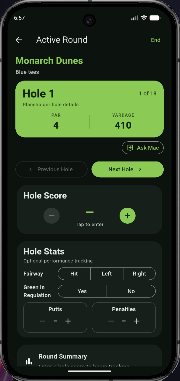 ForeWin Active Round screen with hole score and performance tracking