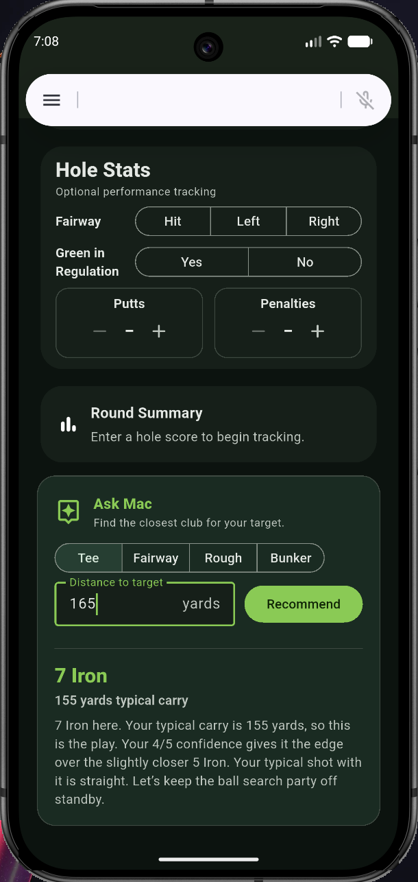ForeWin Mac AI caddie recommendation screen